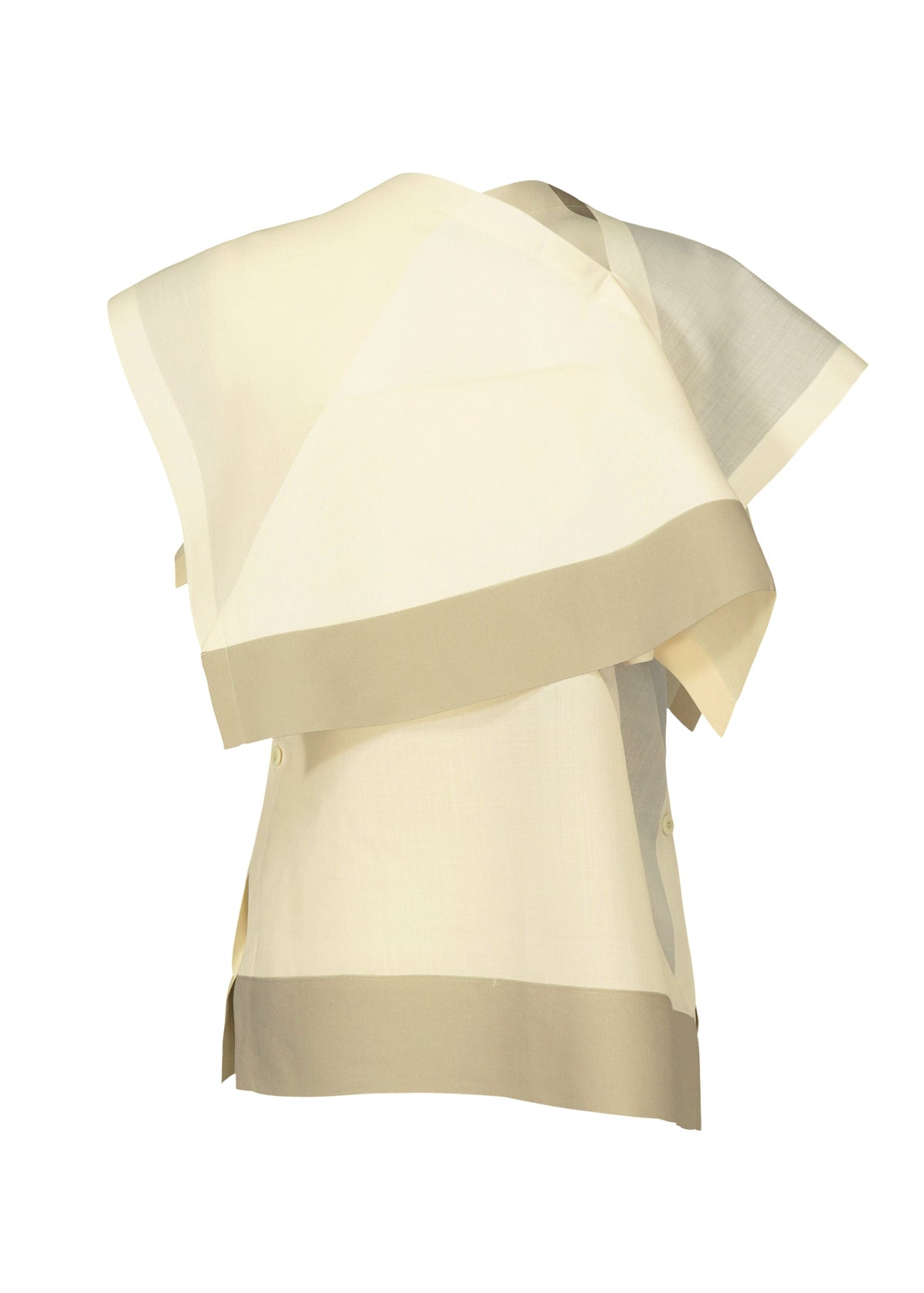The FOLD RAMIE PRINT by 132 5. ISSEY MIYAKE is a sleeveless, asymmetrical cream blouse with layered drapes, beige trim at the edges, and a subtle transfer print for a unique finish. view 3 of 11