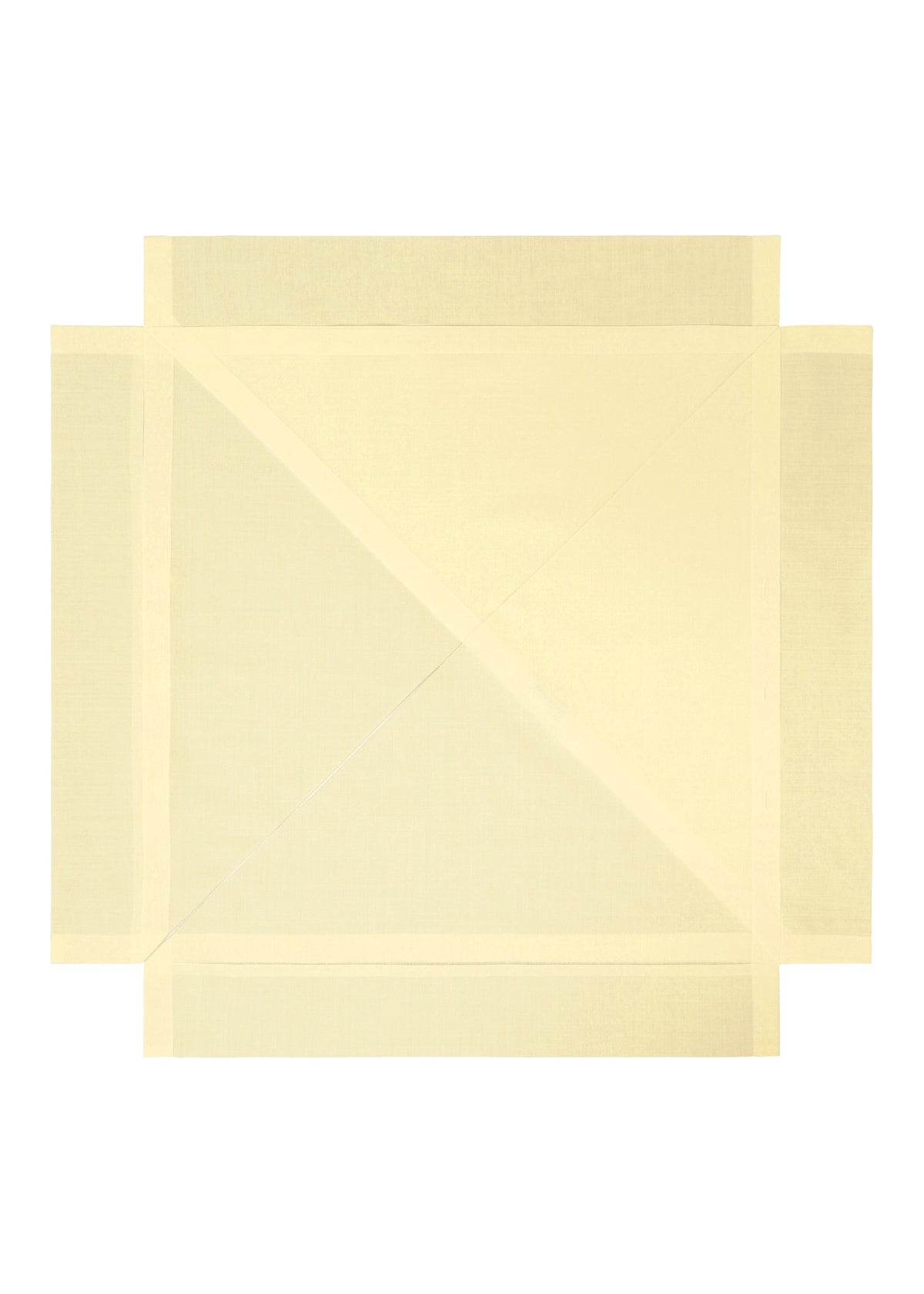 FOLD RAMIE PRINT by 132 5. ISSEY MIYAKE is a large, flat, pale yellow sheet with creases forming geometric patterns and subtle colorful designs, reminiscent of a delicate transfer print, set on a white background. view 6 of 11