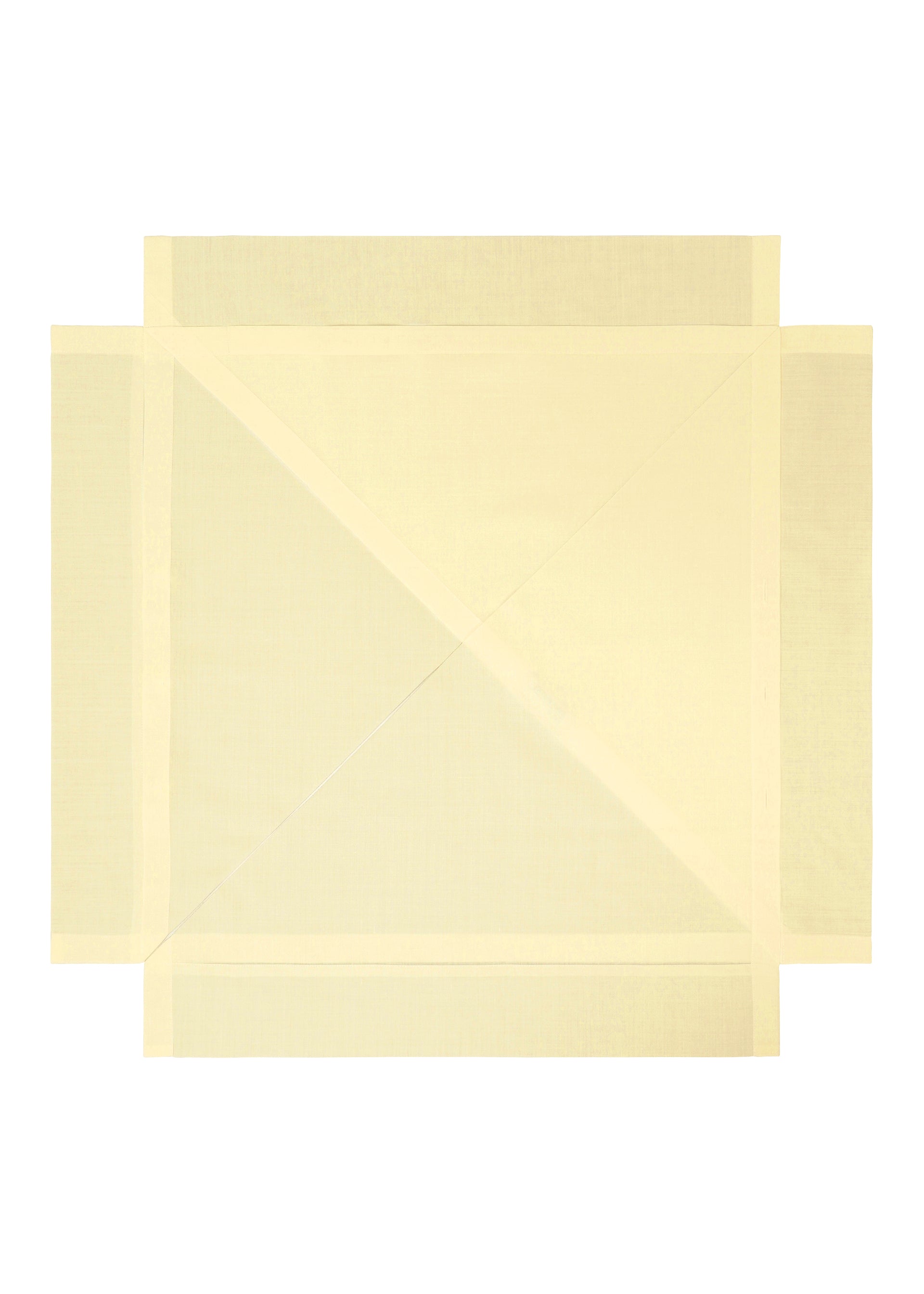 Zoomed view FOLD RAMIE PRINT by 132 5. ISSEY MIYAKE is a large, flat, pale yellow sheet with creases forming geometric patterns and subtle colorful designs, reminiscent of a delicate transfer print, set on a white background.