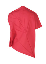 The RADIAL FOLD SHIRT by 132 5. ISSEY MIYAKE features bright red, asymmetrical, origami-inspired radial folds and pleats for striking angular lines on soft fabric, shown against a plain white background.