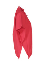 The RADIAL FOLD SHIRT by 132 5. ISSEY MIYAKE is a loose-fitting, short-sleeved, bright pink collared shirt shown from the side with subtle radial folds that enhance its airy look against a white background.