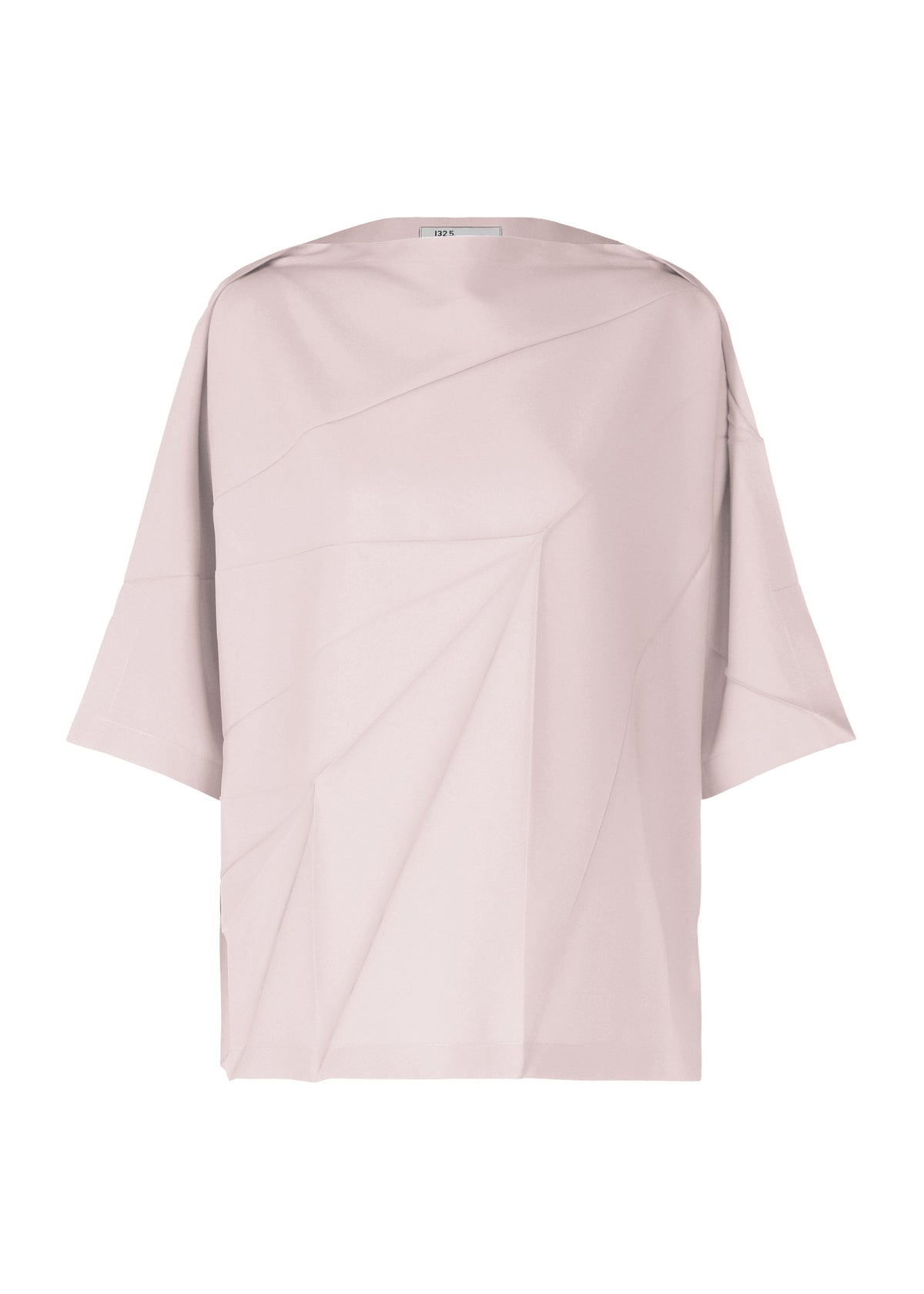 The RADIAL FOLD SHIRT by 132 5. ISSEY MIYAKE features a light pink, oversized short-sleeve design with a wide neckline and subtle radial front folds, made from comfortable fabric and shown on a white background. view 2 of 11