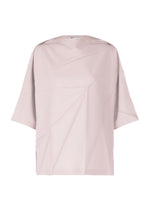 The RADIAL FOLD SHIRT by 132 5. ISSEY MIYAKE features a light pink, oversized short-sleeve design with a wide neckline and subtle radial front folds, made from comfortable fabric and shown on a white background. - MISTY ROSE （no.20）