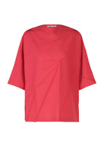The RADIAL FOLD SHIRT by 132 5. ISSEY MIYAKE is a loose-fitting, short-sleeved bright red blouse featuring a round neckline and subtle geometric seams on the front, made from comfortable, drapey fabric for all-day ease. - MAGENTA （no.25）