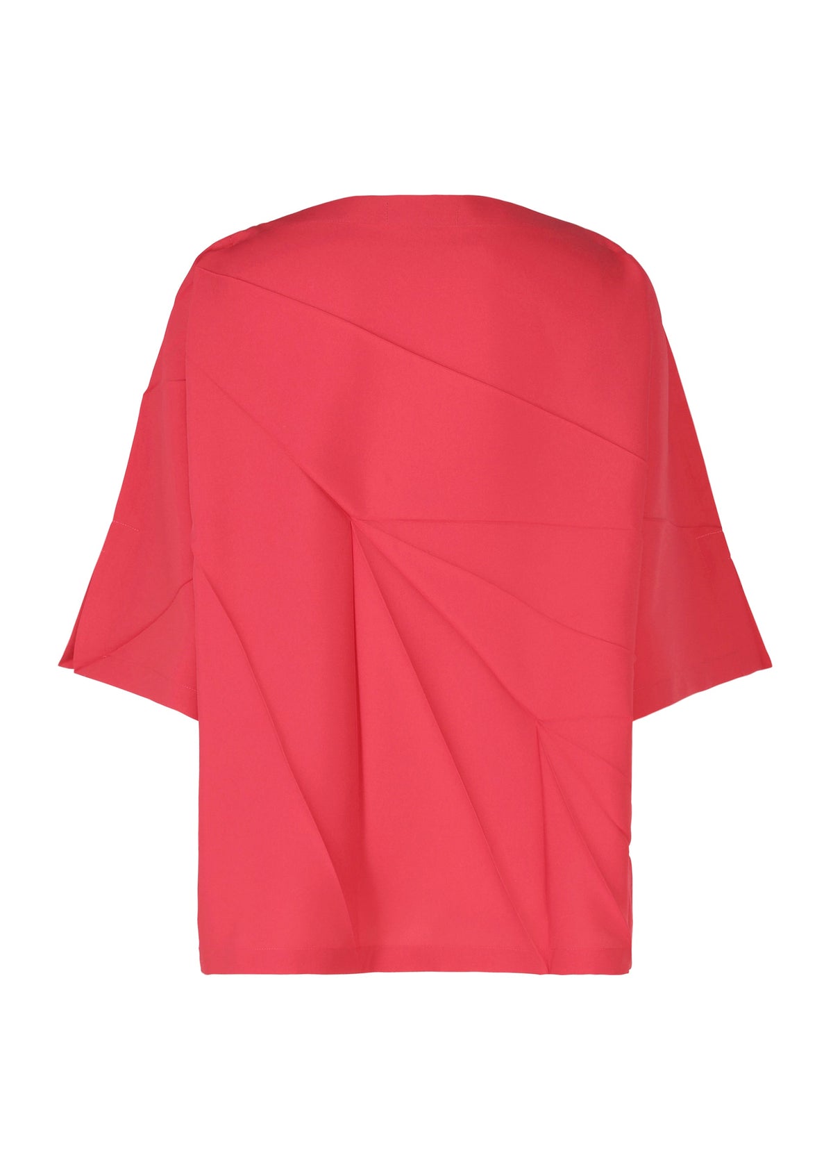 The RADIAL FOLD SHIRT by 132 5. ISSEY MIYAKE is a loose-fitting, short-sleeved, bright pink top with a simple round neckline and striking geometric, origami-inspired radial folds, shown here from the back. view 4 of 11