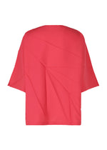 The RADIAL FOLD SHIRT by 132 5. ISSEY MIYAKE is a loose-fitting, short-sleeved, bright pink top with a simple round neckline and striking geometric, origami-inspired radial folds, shown here from the back.