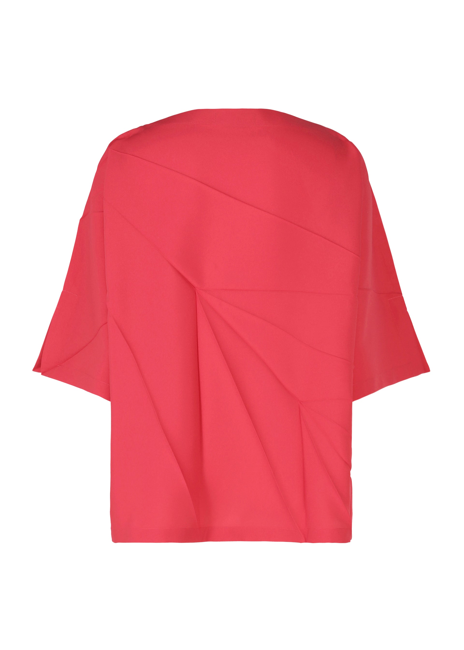 Zoomed view The RADIAL FOLD SHIRT by 132 5. ISSEY MIYAKE is a loose-fitting, short-sleeved, bright pink top with a simple round neckline and striking geometric, origami-inspired radial folds, shown here from the back.