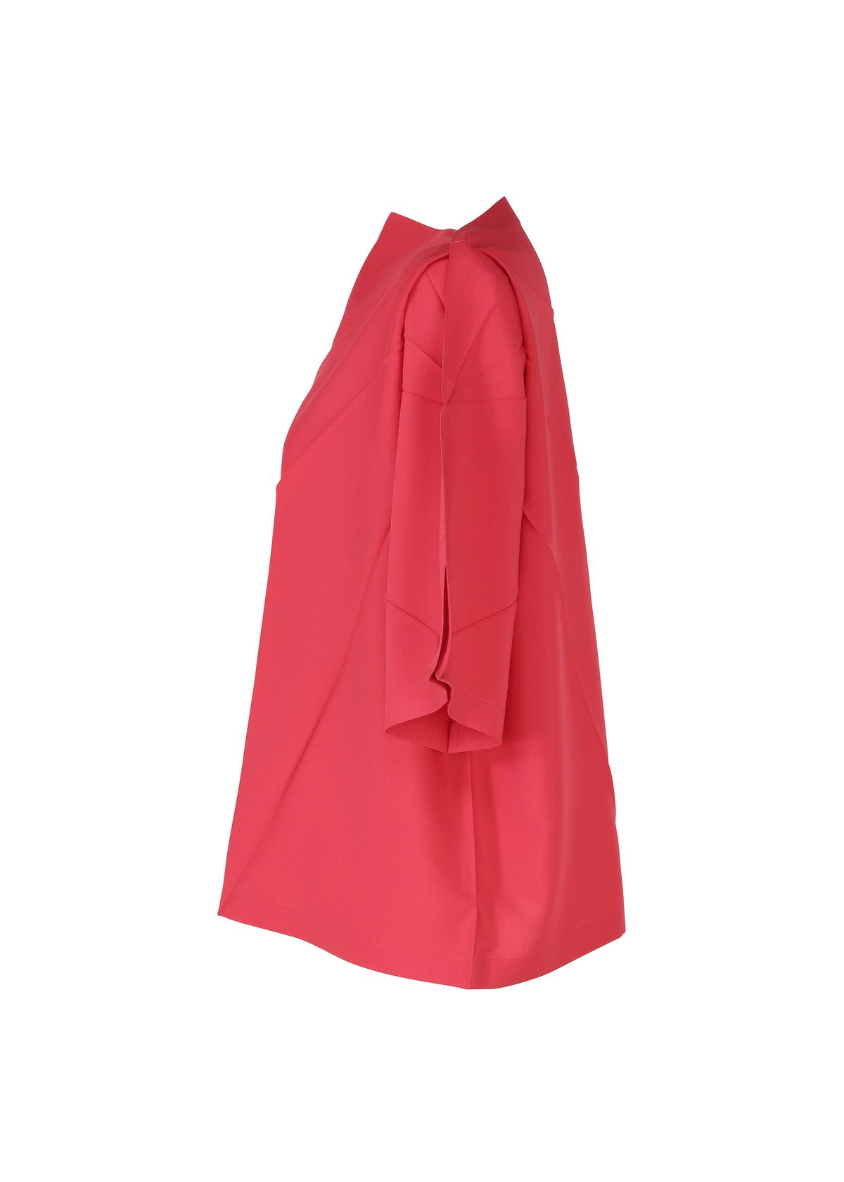 The RADIAL FOLD SHIRT by 132 5. ISSEY MIYAKE is a bright pink, loose knee-length dress with structured, layered short sleeves and radial folds, shown in a side view against a white background. view 5 of 11