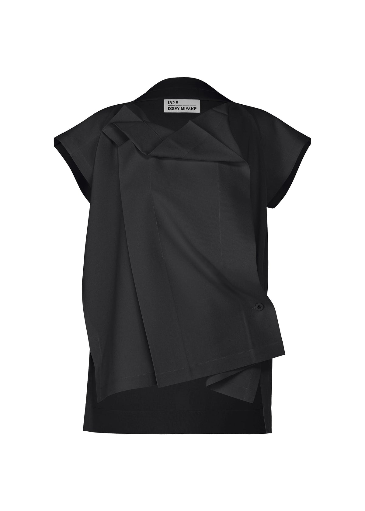 The FLAT TUCK T by 132 5. ISSEY MIYAKE is a black top with an asymmetrical draped front, folded layered accents, a high neckline, visible inner label, and a front tuck for an elegant look. view 2 of 12