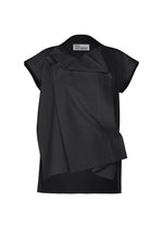 The FLAT TUCK T by 132 5. ISSEY MIYAKE is a black top with an asymmetrical draped front, folded layered accents, a high neckline, visible inner label, and a front tuck for an elegant look. - BLACK （no.15）