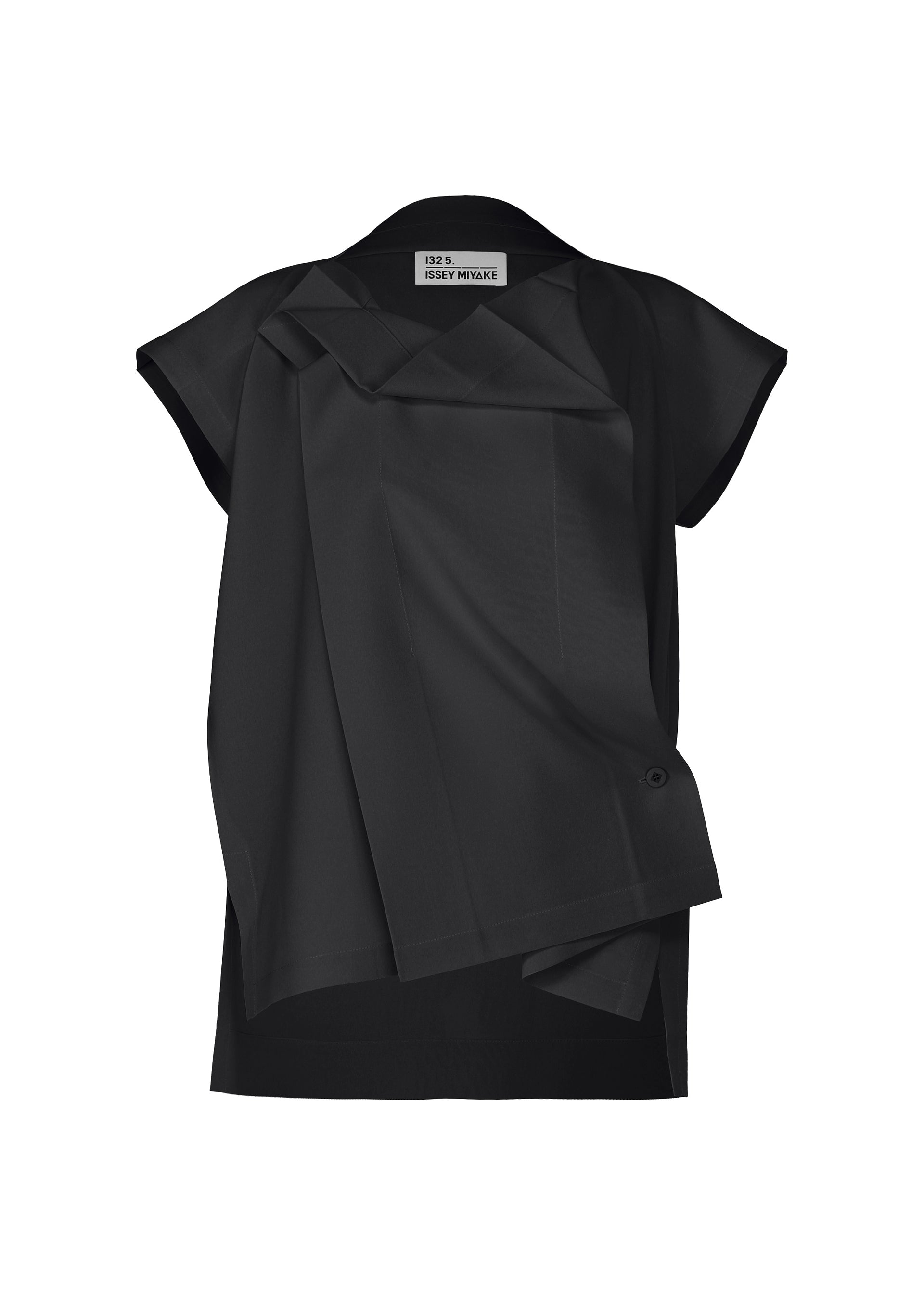 Zoomed view The FLAT TUCK T by 132 5. ISSEY MIYAKE is a black top with an asymmetrical draped front, folded layered accents, a high neckline, visible inner label, and a front tuck for an elegant look. - BLACK （no.15）