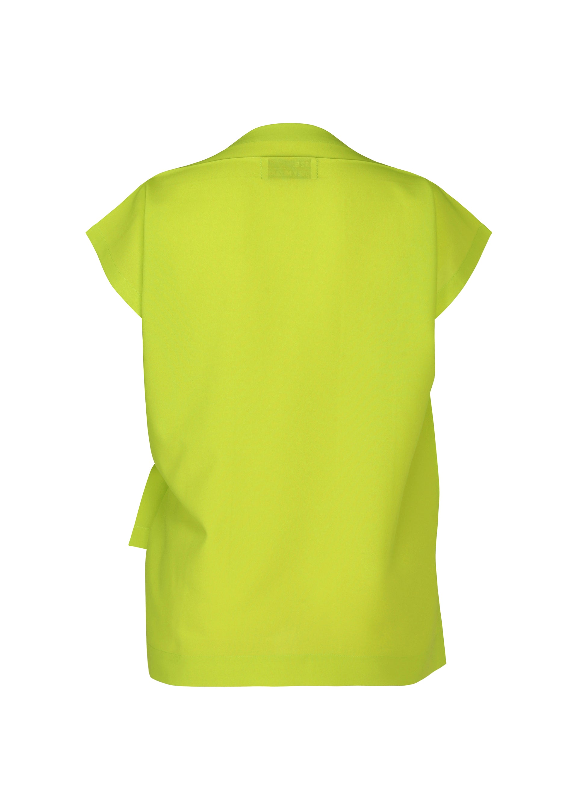 Zoomed view Back view of the FLAT TUCK T by 132 5. ISSEY MIYAKE: a sleeveless, bright yellow-green draping top with a loose fit and subtle left-side fabric tie, shown on a plain white background—ideal for an effortless, stylish front tuck.