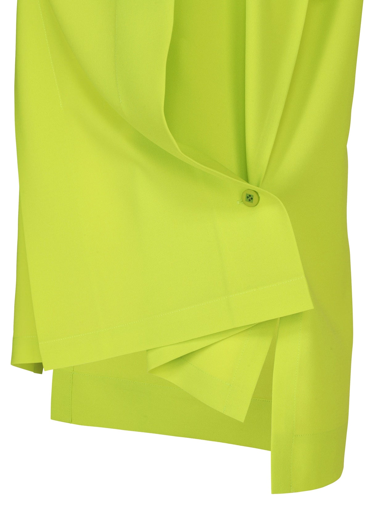 Close-up of the FLAT TUCK T by 132 5. ISSEY MIYAKE in neon yellow-green, featuring overlapping layers, a button detail, smooth fabric, and clean stitching for a stunning look. view 6 of 12