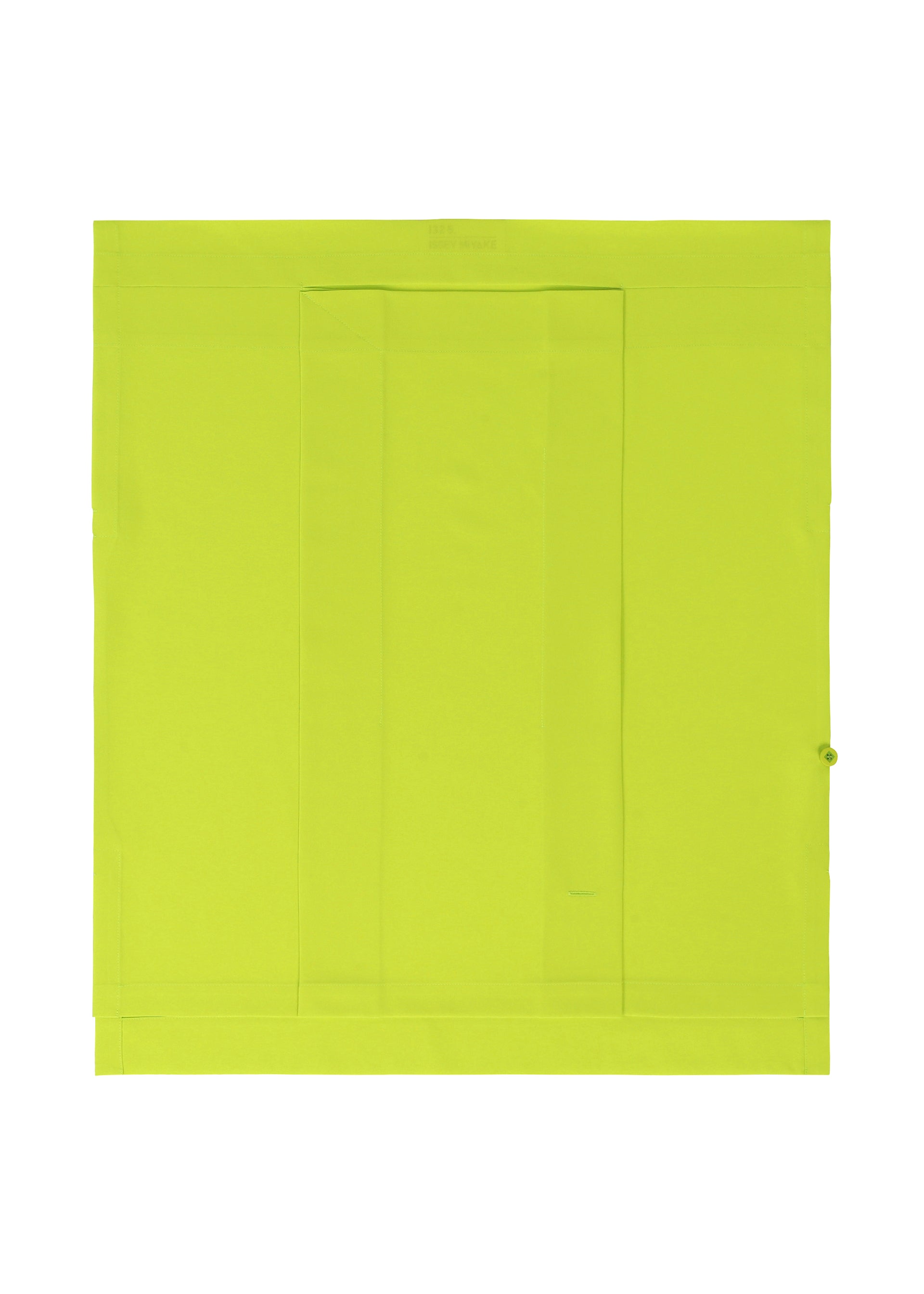 Zoomed view The FLAT TUCK T by 132 5. ISSEY MIYAKE is a square, bright yellow-green envelope with a center rectangular flap and right-side circular clasp, making a striking impression against the white background.