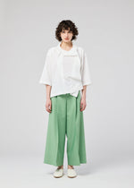 A person with curly hair stands against a light background, wearing the FLAT TUCK T by 132 5. ISSEY MIYAKE, mint green wide-legged pants, and white slip-on shoes. Their arms are by their sides and their expression is neutral.