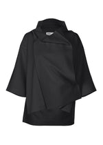 The FLAT TUCK T by 132 5. ISSEY MIYAKE—a black, loose-fit top with wide sleeves, an asymmetrical front, and layered fabric details—evokes relaxed elegance against a plain white background. - BLACK （no.15）