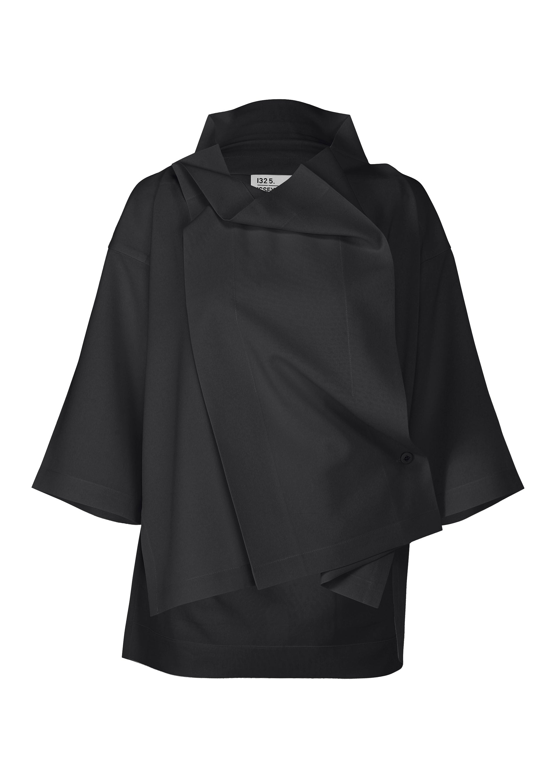 Zoomed view The FLAT TUCK T by 132 5. ISSEY MIYAKE—a black, loose-fit top with wide sleeves, an asymmetrical front, and layered fabric details—evokes relaxed elegance against a plain white background. - BLACK （no.15）
