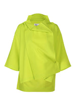 The FLAT TUCK T by 132 5. ISSEY MIYAKE, a neon yellow oversized jacket with wide sleeves and an asymmetrical front flap, is styled over a draping top and shown against a white background. - YELLOW GREEN （no.59）