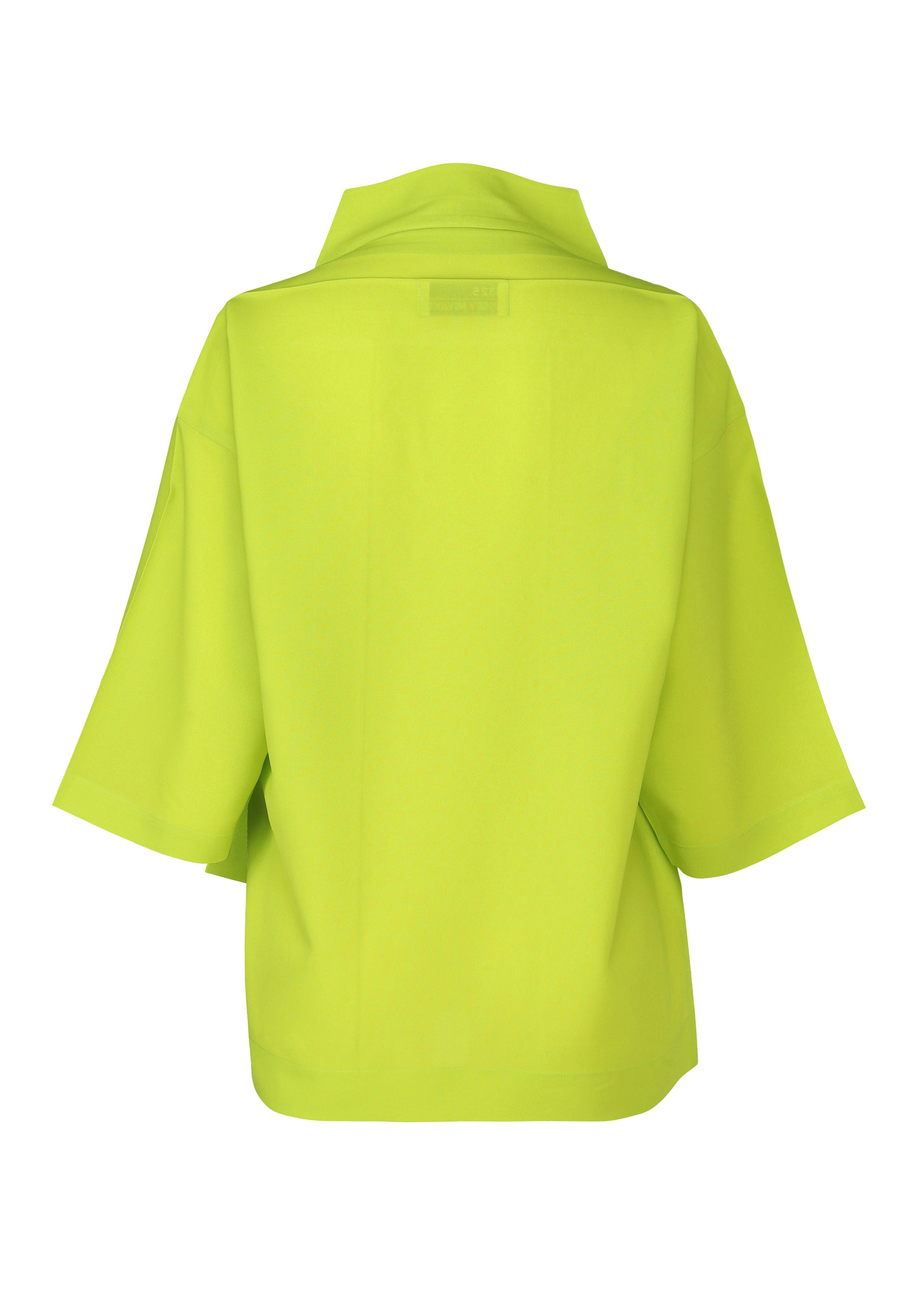 Zoomed view The FLAT TUCK T by 132 5. ISSEY MIYAKE is a bright yellow-green short-sleeve jacket with a wide collar and loose fit, styled as a button-open top and shown from the back against a white background.