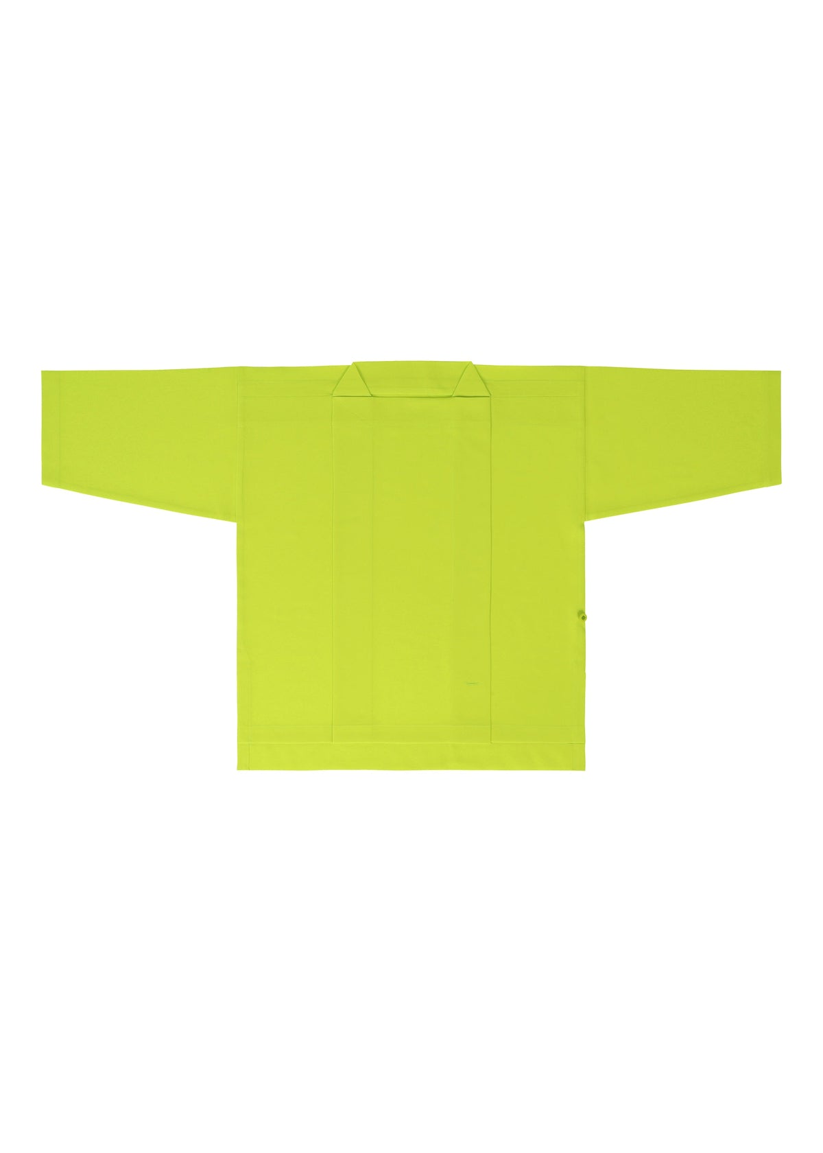 The FLAT TUCK T by 132 5. ISSEY MIYAKE, a bright yellow long-sleeved top with a loose, straight cut, is shown flat against a white background. The design resembles a traditional jacket or robe. view 7 of 13