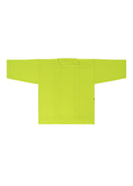 The FLAT TUCK T by 132 5. ISSEY MIYAKE, a bright yellow long-sleeved top with a loose, straight cut, is shown flat against a white background. The design resembles a traditional jacket or robe.