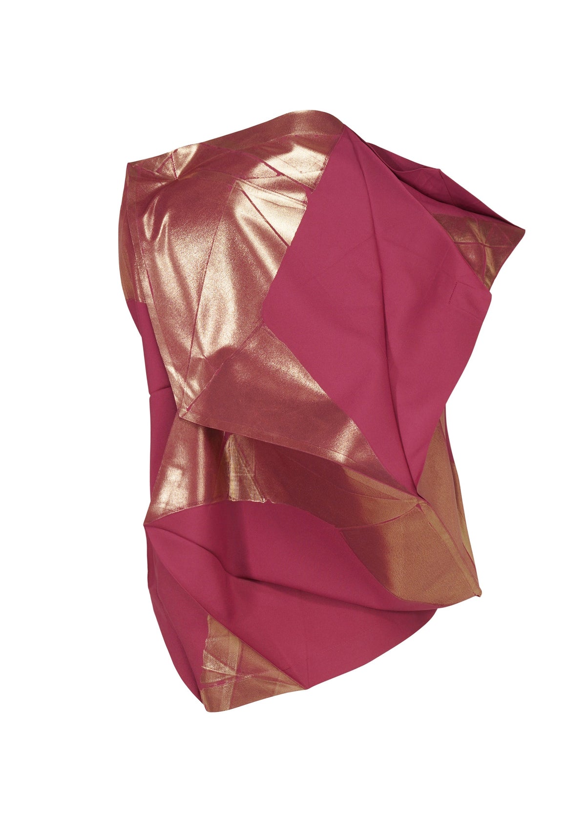 NO.17 FOIL by 132 5. ISSEY MIYAKE is a sculptural fabric in deep pink and metallic gold, featuring innovative folds that form sharp, angular shapes for a modern, abstract three-dimensional look against a white background. view 3 of 10