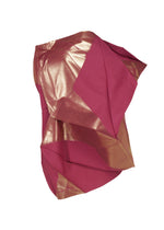 NO.17 FOIL by 132 5. ISSEY MIYAKE is a sculptural fabric in deep pink and metallic gold, featuring innovative folds that form sharp, angular shapes for a modern, abstract three-dimensional look against a white background.