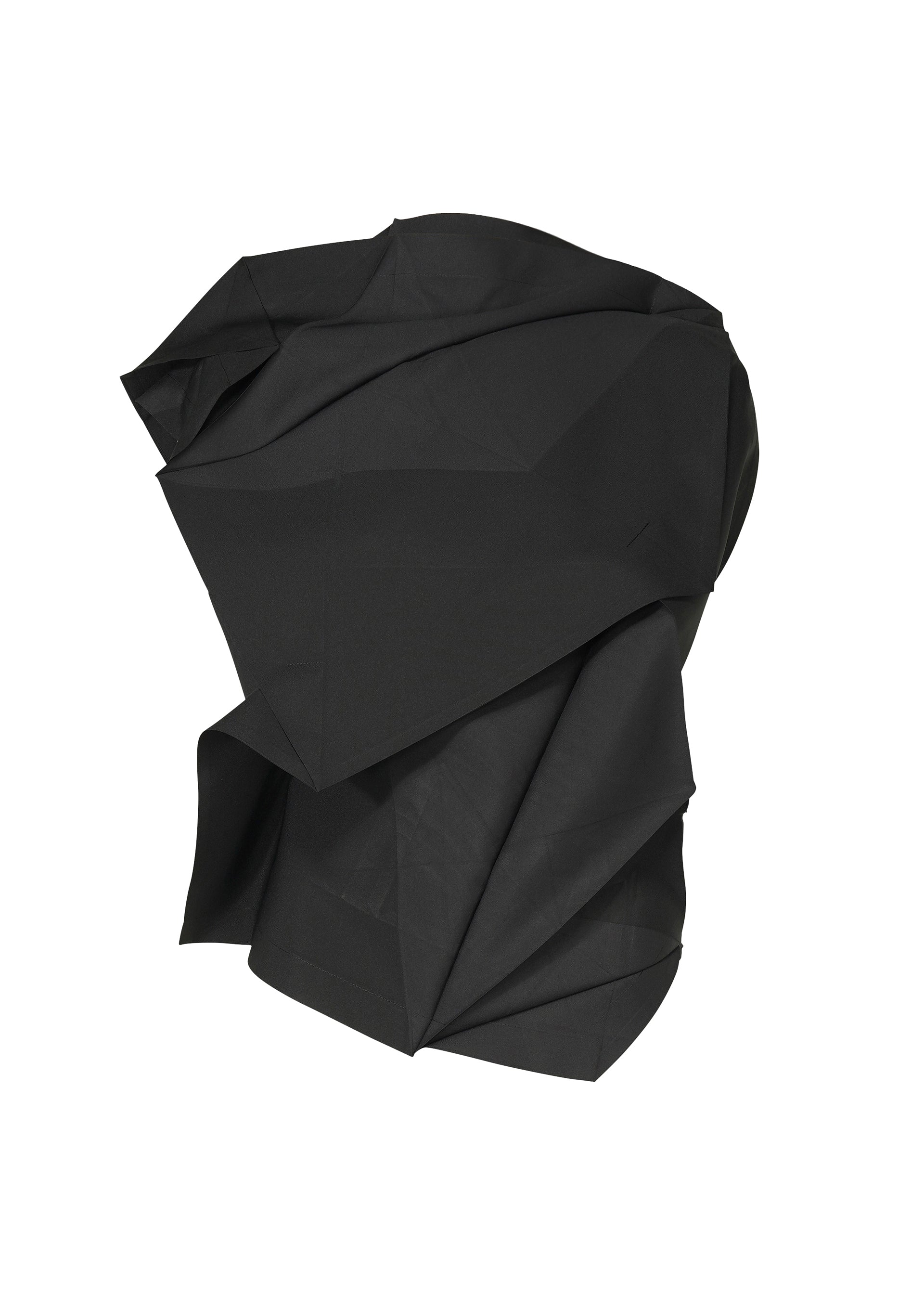 Zoomed view The NO.17 PRINT by 132 5. ISSEY MIYAKE features sharp, angular folds and geometric black shapes reminiscent of abstract origami or draped fabric, set against a plain white background. - CHARCOAL （no.14）