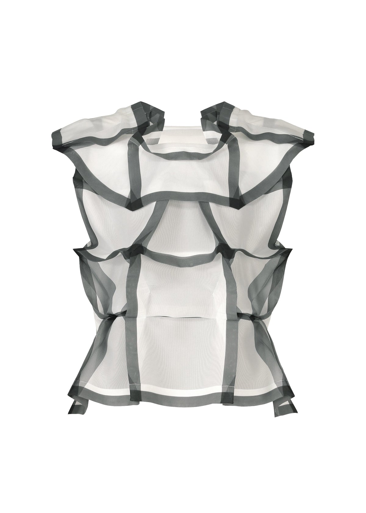 The NO.6 TRANSLUCENT by 132 5. ISSEY MIYAKE is a sleeveless, sheer white top with bold geometric dark piping forming a sculptural, grid-like pattern for an architectural look. view 1 of 11