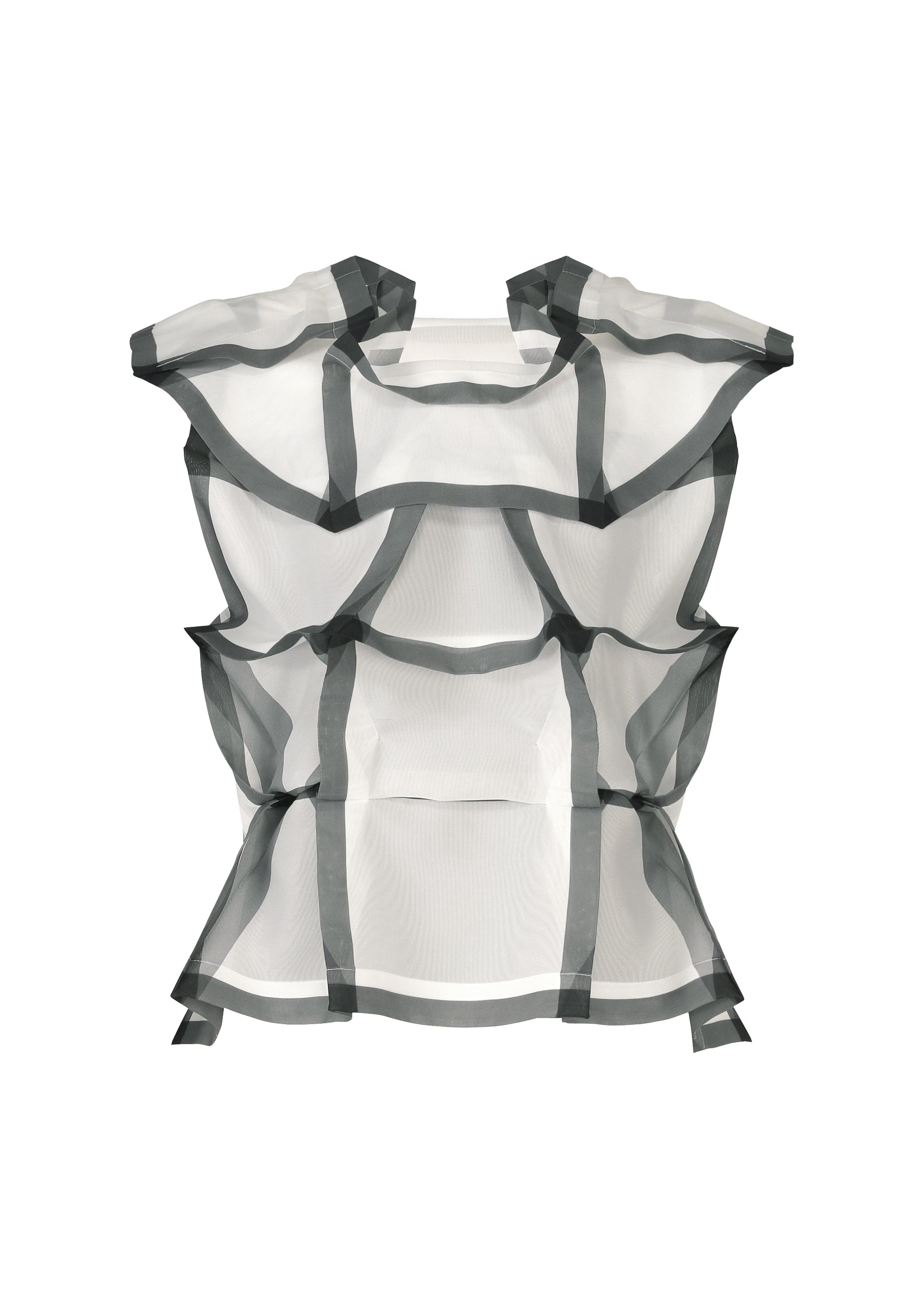 Zoomed view The NO.6 TRANSLUCENT by 132 5. ISSEY MIYAKE is a sleeveless, sheer white top with bold geometric dark piping forming a sculptural, grid-like pattern for an architectural look. - BLACK HUED （no.10）