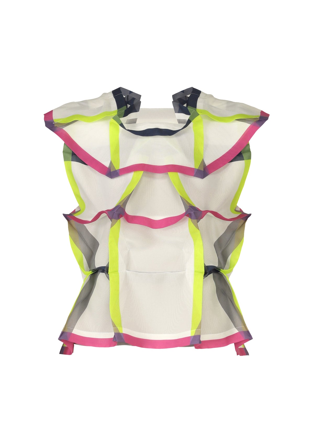 The NO.6 TRANSLUCENT by 132 5. ISSEY MIYAKE is a sleeveless, sheer white structured top featuring bold neon yellow, pink, and dark gray edging with ruffled details, shown against a plain white background. view 2 of 11