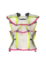 The NO.6 TRANSLUCENT by 132 5. ISSEY MIYAKE is a sleeveless, sheer white structured top featuring bold neon yellow, pink, and dark gray edging with ruffled details, shown against a plain white background. - MULTI （no.99）