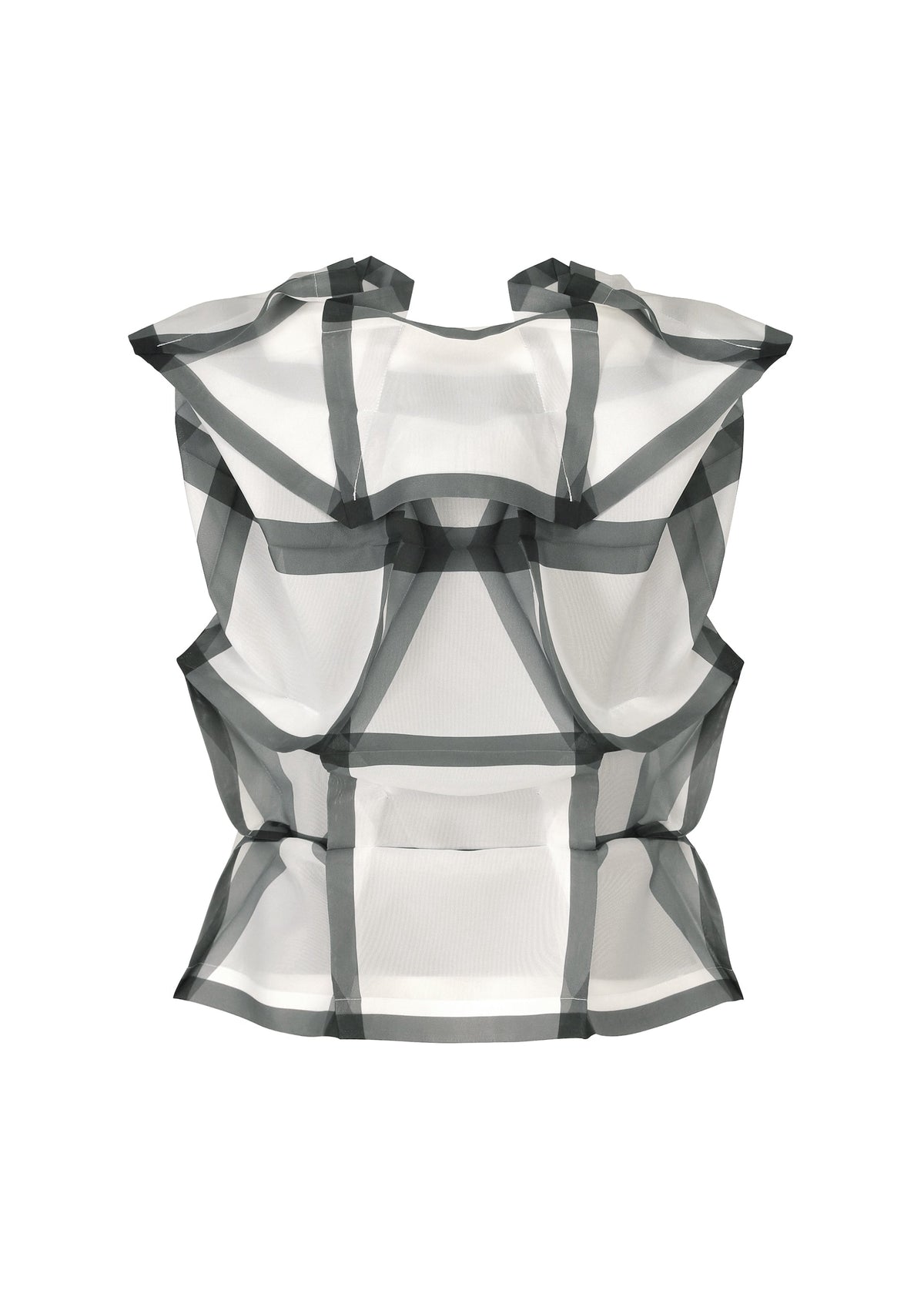 The NO.6 TRANSLUCENT sleeveless top by 132 5. ISSEY MIYAKE showcases bold black geometric lines and fold structures on sheer white fabric, creating a grid-like, three-dimensional effect against a plain white background. view 3 of 11