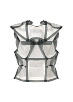 The NO.6 TRANSLUCENT sleeveless top by 132 5. ISSEY MIYAKE showcases bold black geometric lines and fold structures on sheer white fabric, creating a grid-like, three-dimensional effect against a plain white background.