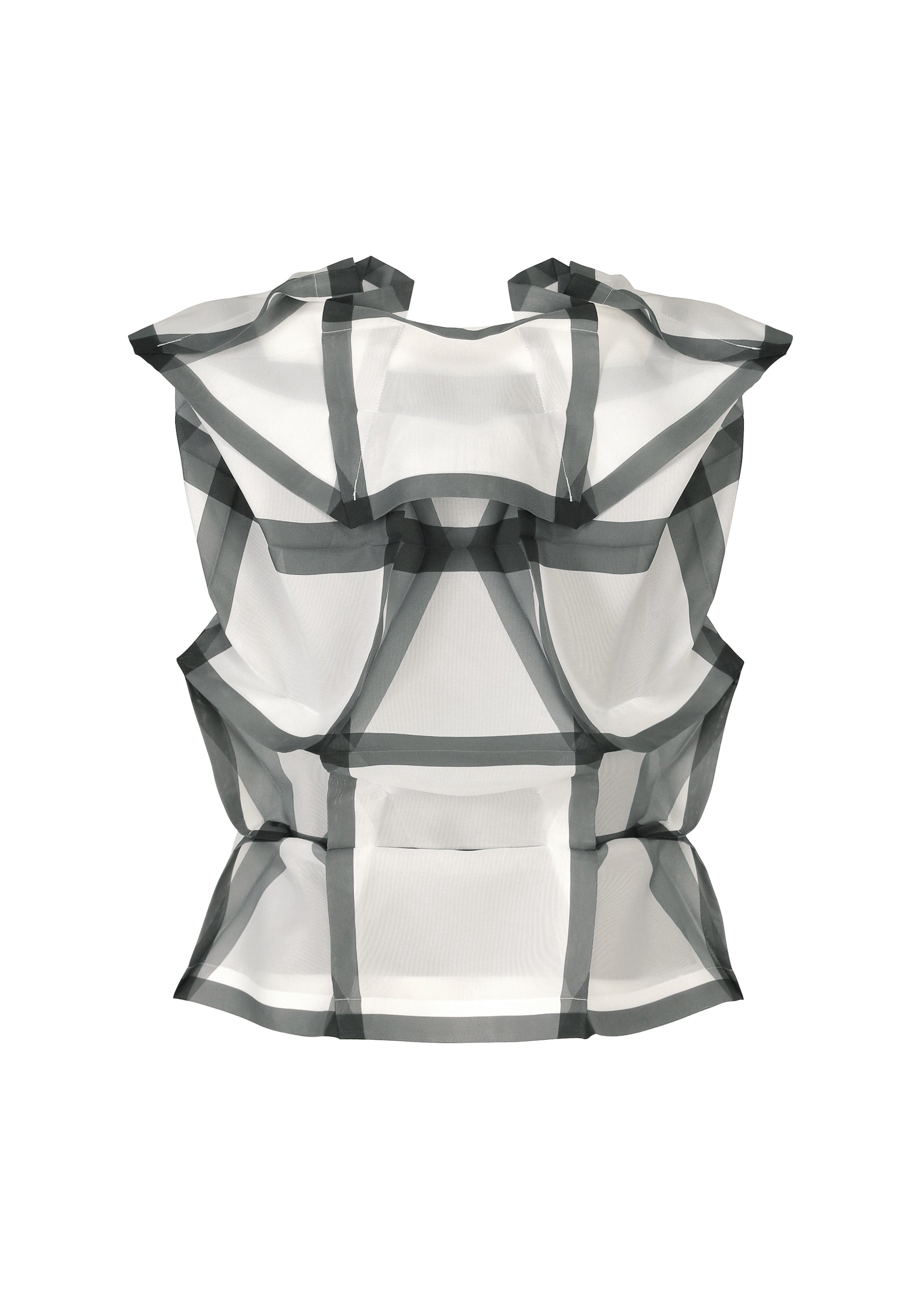 Zoomed view The NO.6 TRANSLUCENT sleeveless top by 132 5. ISSEY MIYAKE showcases bold black geometric lines and fold structures on sheer white fabric, creating a grid-like, three-dimensional effect against a plain white background.