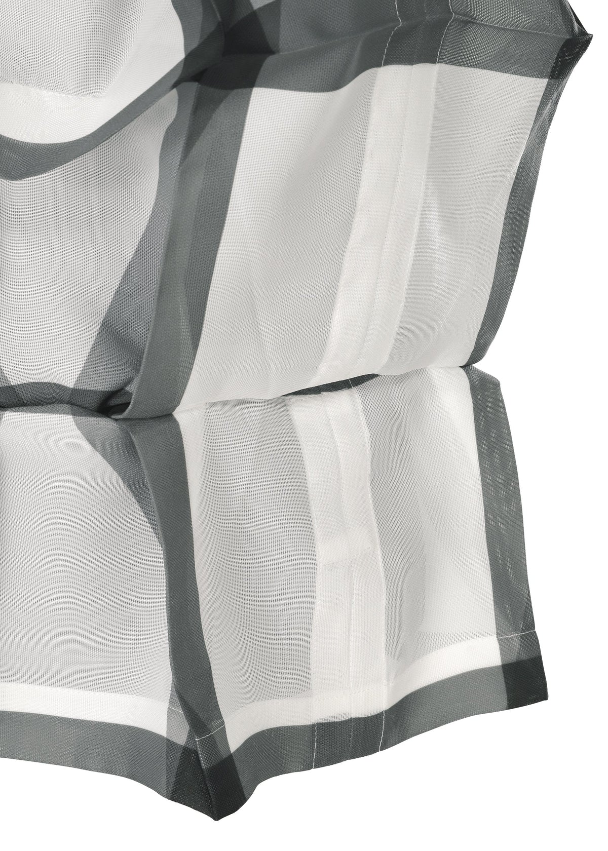 Close-up of NO.6 TRANSLUCENT by 132 5. ISSEY MIYAKE: sheer fabric with wide dark gray stripes, gathered and layered for a soft, textured look. The folds enhance translucency, gently diffusing light through the material. view 4 of 11