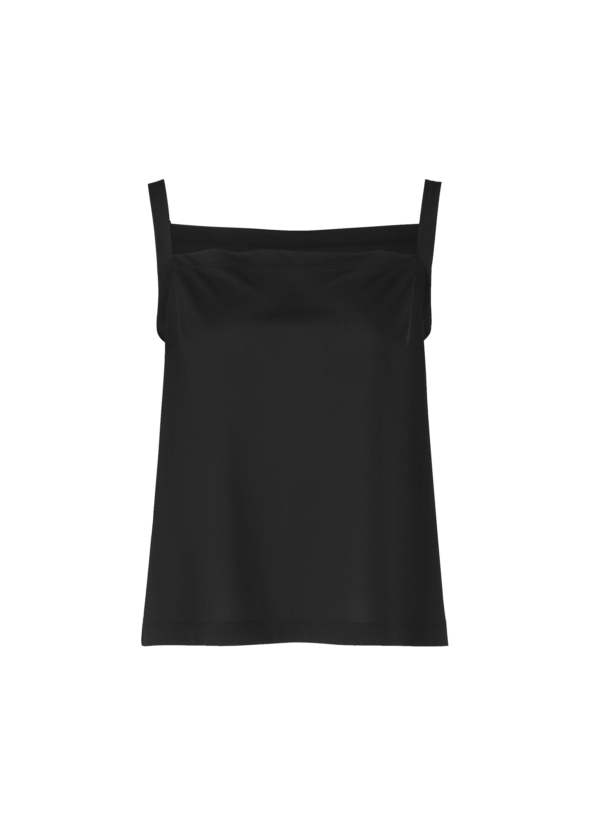 Zoomed view The NO.6 TRANSLUCENT by 132 5. ISSEY MIYAKE is a sheer black camisole-style tank top with wide straps, shown against a white background.
