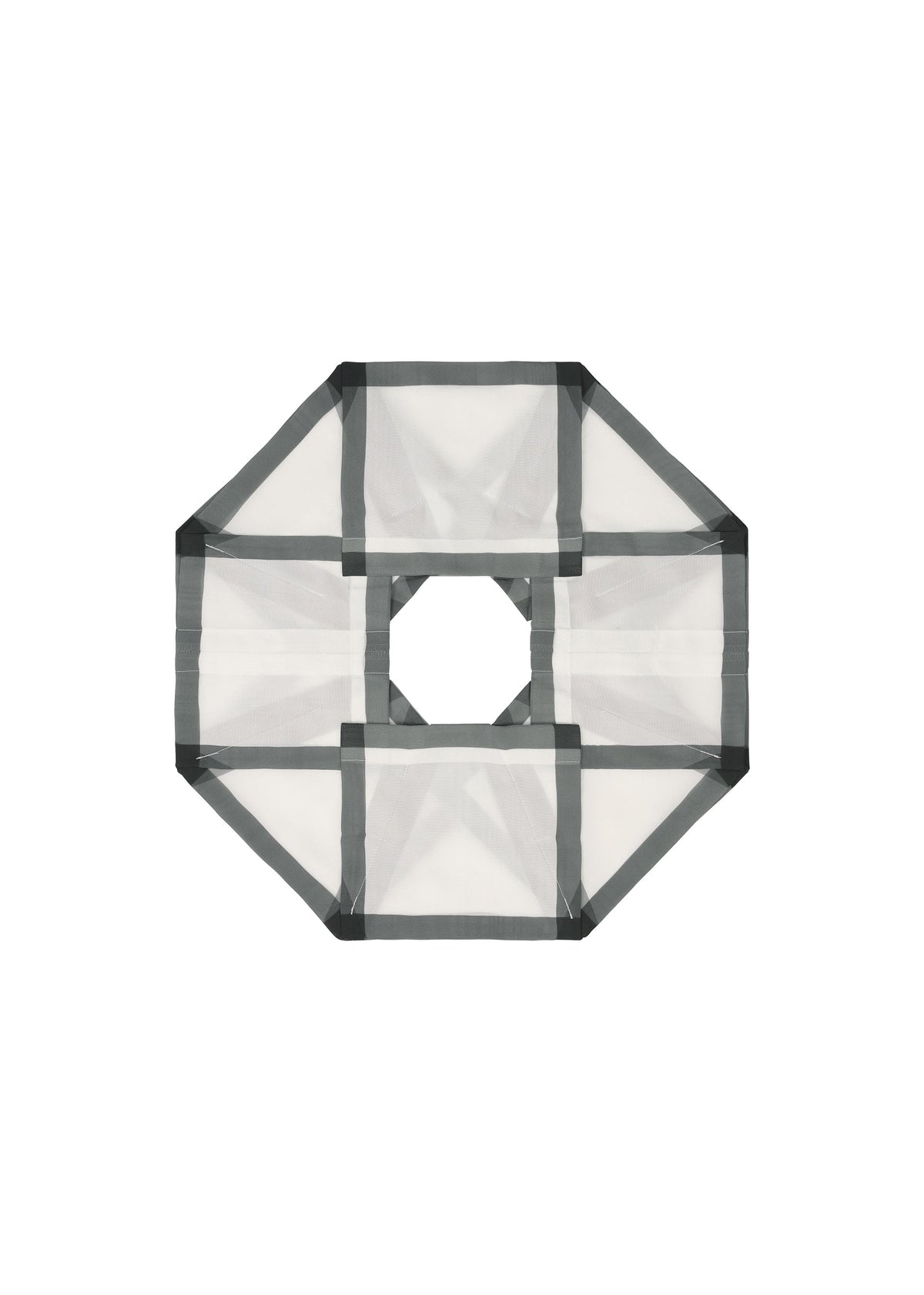 A top-down view of the NO.6 TRANSLUCENT by 132 5. ISSEY MIYAKE: a geometric octagonal mesh frame with black borders, a central square, and an open square hole, echoing fold structures in sheer fabric against a white background. view 6 of 11