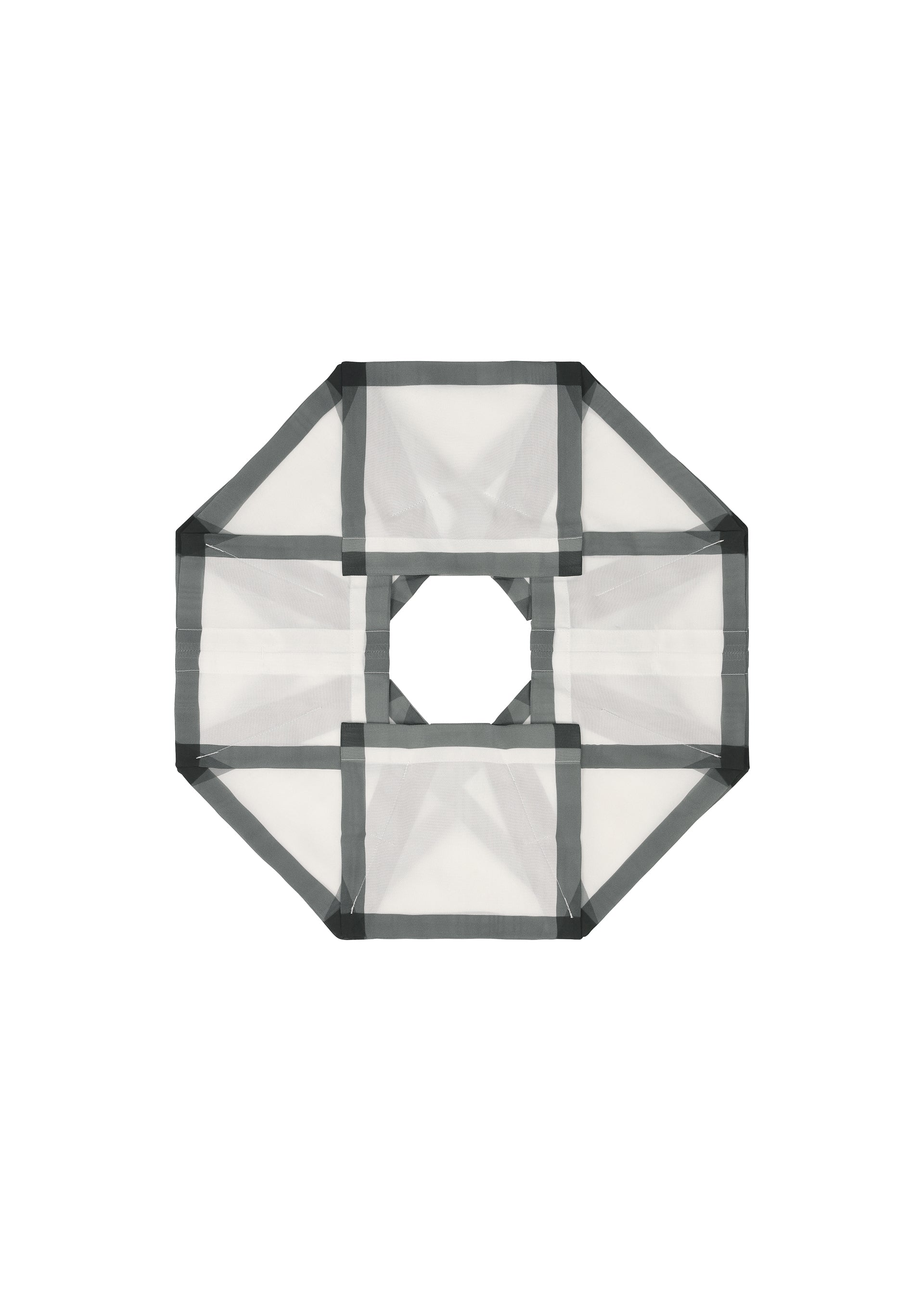 Zoomed view A top-down view of the NO.6 TRANSLUCENT by 132 5. ISSEY MIYAKE: a geometric octagonal mesh frame with black borders, a central square, and an open square hole, echoing fold structures in sheer fabric against a white background.