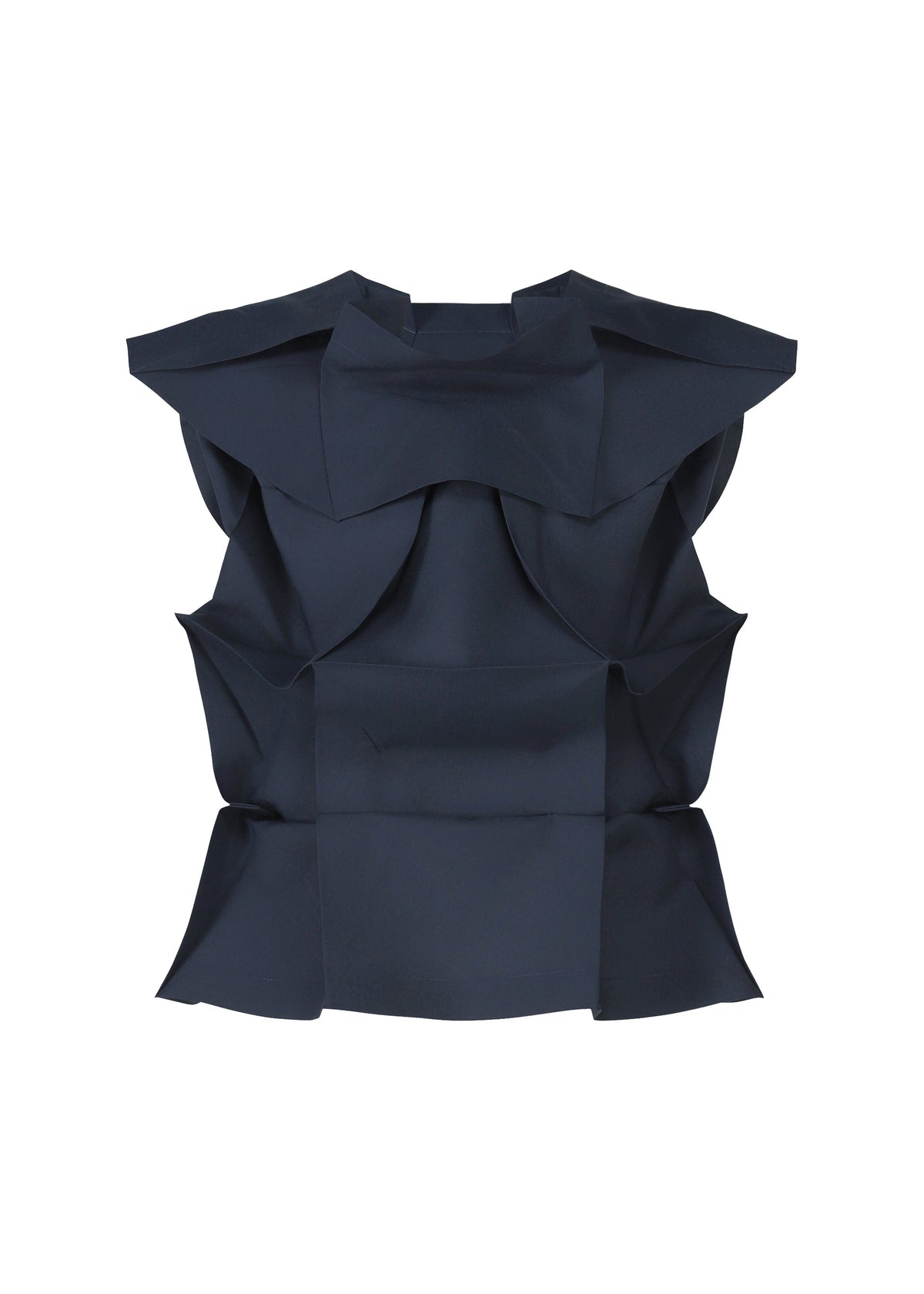 The NO.6 SOLID by 132 5. ISSEY MIYAKE is a sleeveless navy blue top with sculptural origami-inspired folds and geometric layers, presented against a plain white background. view 1 of 9