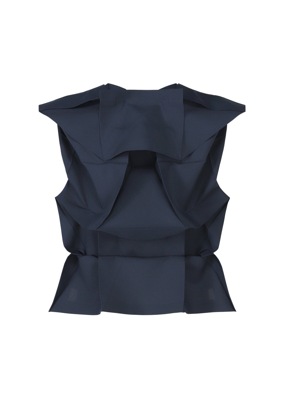 The NO.6 SOLID by 132 5. ISSEY MIYAKE is a sleeveless dark navy blue top with sculptural, origami-inspired folds and angular details, shown against a white background. view 2 of 9