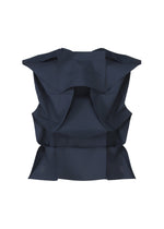 The NO.6 SOLID by 132 5. ISSEY MIYAKE is a sleeveless dark navy blue top with sculptural, origami-inspired folds and angular details, shown against a white background.