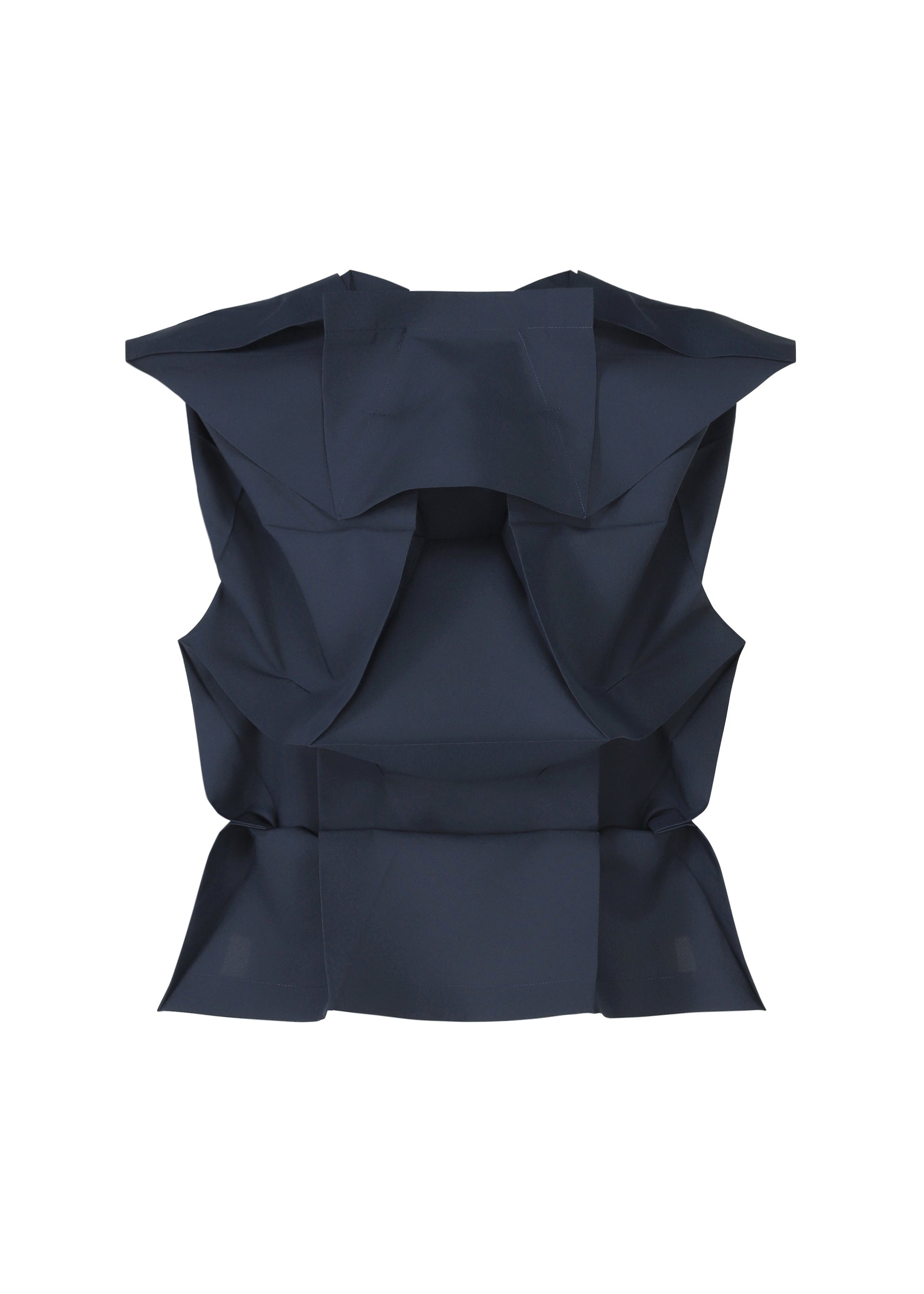 Zoomed view The NO.6 SOLID by 132 5. ISSEY MIYAKE is a sleeveless dark navy blue top with sculptural, origami-inspired folds and angular details, shown against a white background.