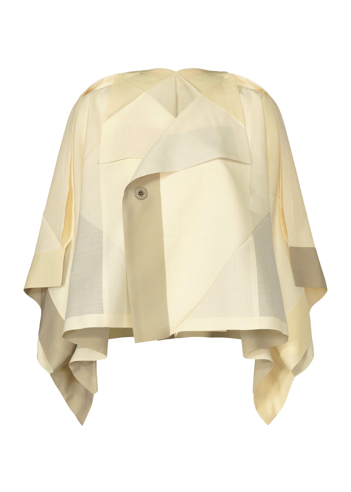 The FOLD RAMIE PRINT by 132 5. ISSEY MIYAKE is a cream and beige asymmetrical layered jacket featuring unique color design, wide sleeves, draped panels, and a single visible front button. view 1 of 10