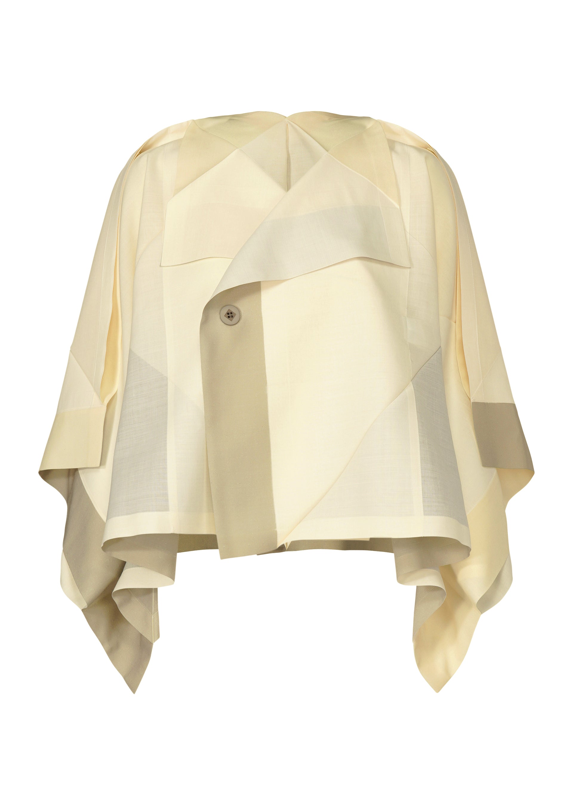 Zoomed view The FOLD RAMIE PRINT by 132 5. ISSEY MIYAKE is a cream and beige asymmetrical layered jacket featuring unique color design, wide sleeves, draped panels, and a single visible front button. - OFF WHITE （no.02）