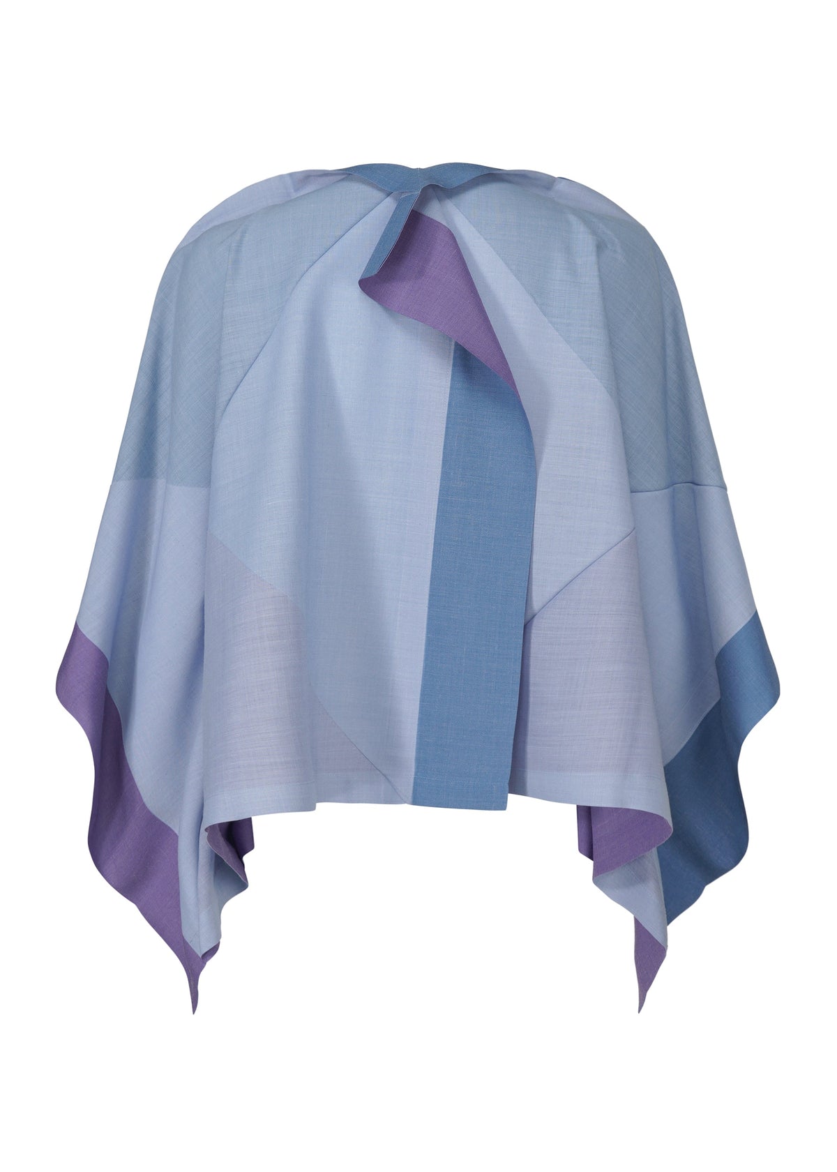 The FOLD RAMIE PRINT by 132 5. ISSEY MIYAKE is a short, loose top in blue and lavender semi-sheer fabric, with a unique asymmetrical draped silhouette, layered panels, and a tie-neck detail. view 3 of 10