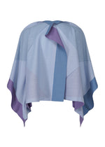 The FOLD RAMIE PRINT by 132 5. ISSEY MIYAKE is a short, loose top in blue and lavender semi-sheer fabric, with a unique asymmetrical draped silhouette, layered panels, and a tie-neck detail.