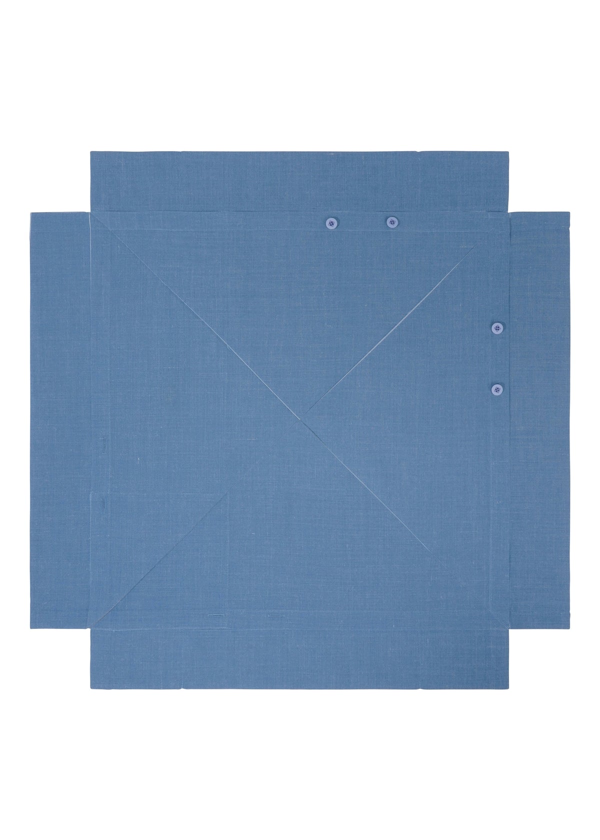 A flat, unfolded FOLD RAMIE PRINT box by 132 5. ISSEY MIYAKE in blue with a unique design rests on a white background, showing pre-scored fold lines, side flaps, and small round fasteners along two edges. view 5 of 10