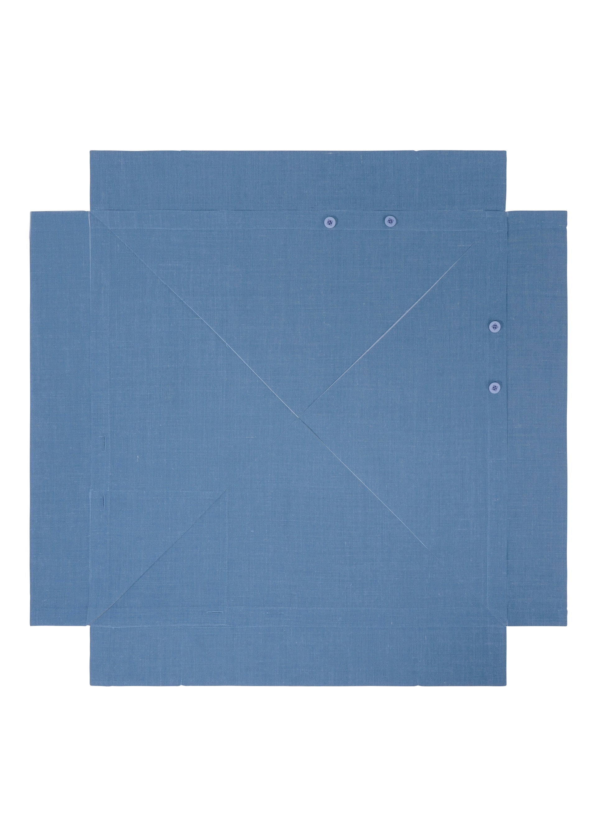 Zoomed view A flat, unfolded FOLD RAMIE PRINT box by 132 5. ISSEY MIYAKE in blue with a unique design rests on a white background, showing pre-scored fold lines, side flaps, and small round fasteners along two edges.
