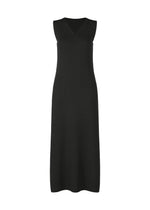 The FLAT RIB KNIT 1 by 132 5. ISSEY MIYAKE is a black, sleeveless seamless rib knit dress with a V-neck, ankle length, moisture-wicking fabric, and a minimalist fitted silhouette, shown against a plain white background. - BLACK （no.15）